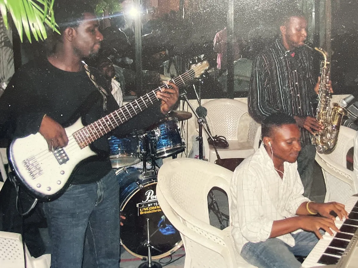 An early church band: bass guitar, saxophone and keyboard